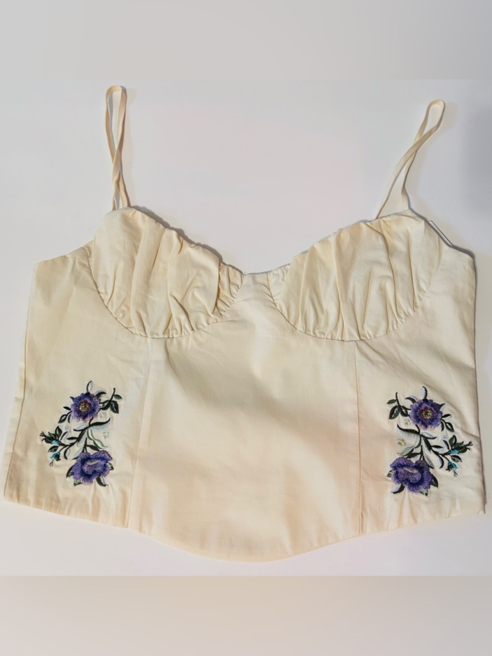 Tiger Mist Cream Embroidered Bustier Cami with Purple Floral Detail